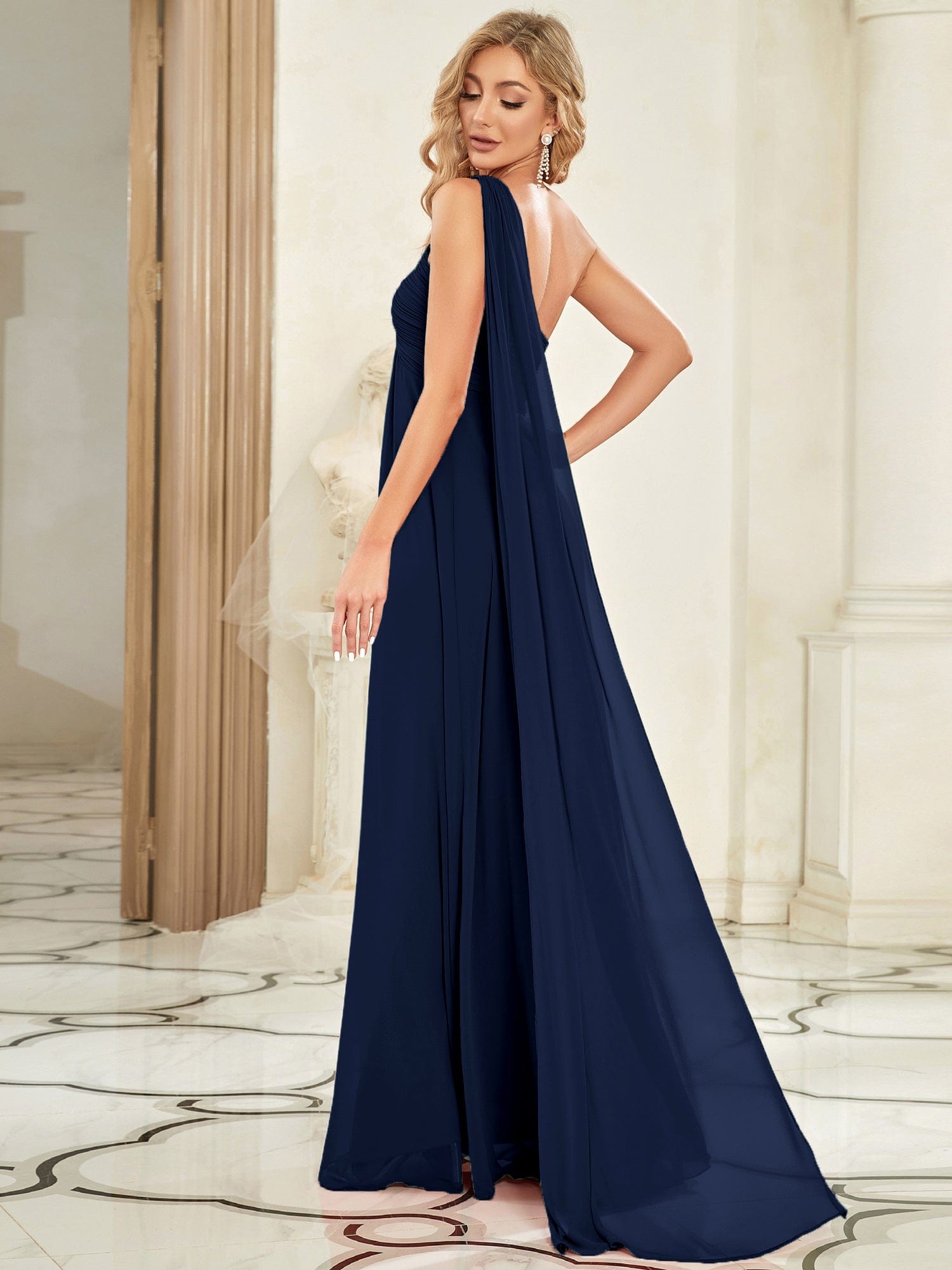 Custom Size Pleated One Shoulder Long Chiffon Evening Dress #color_Navy Blue