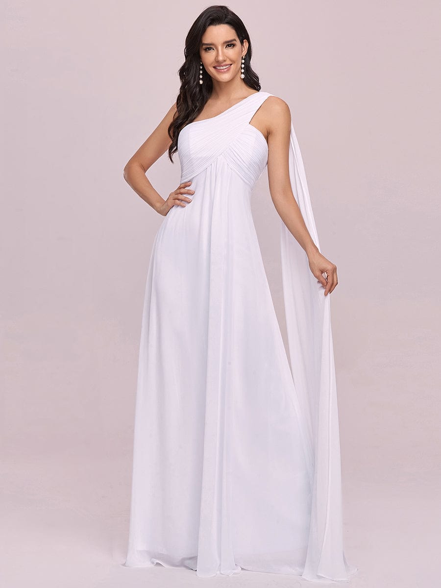 Pleated One Shoulder Long Chiffon Evening Dress #color_White