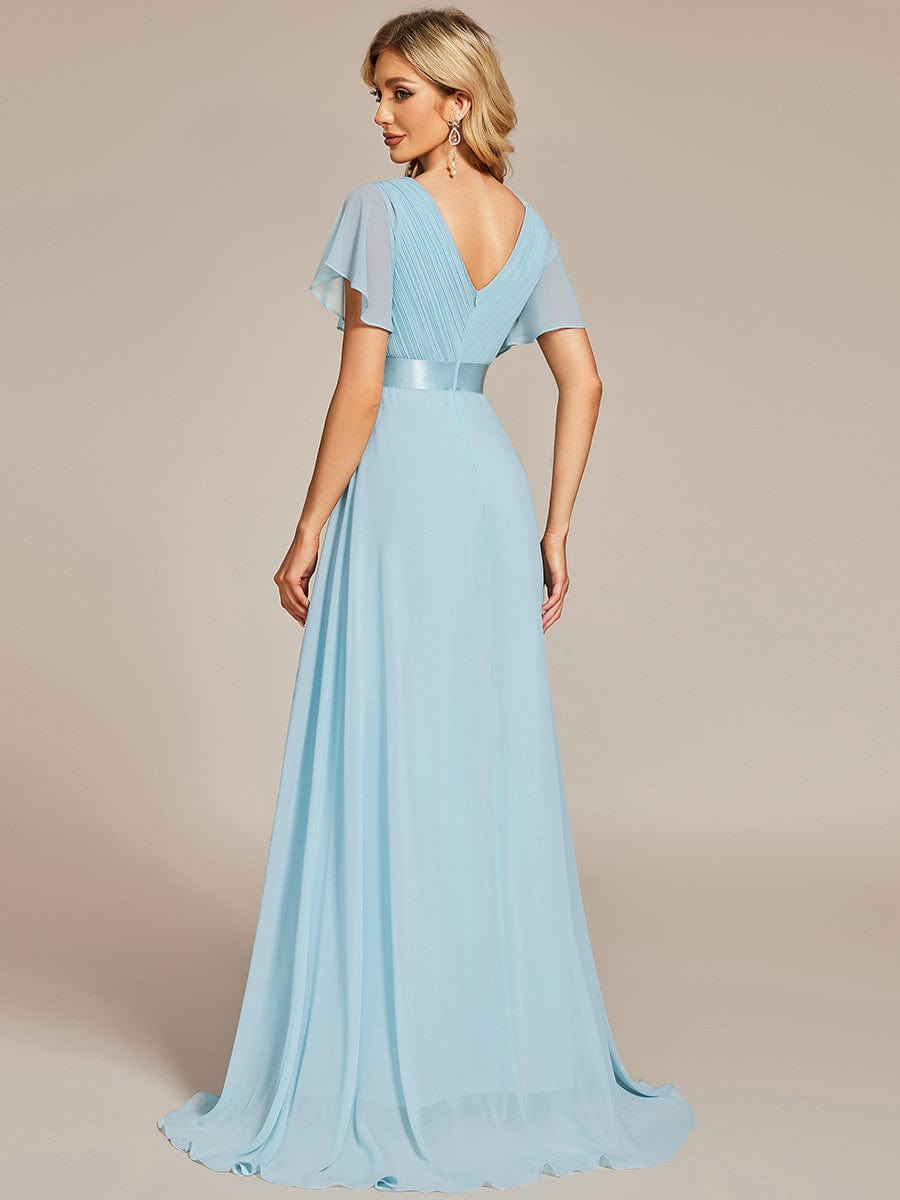 Long Chiffon Empire Waist Bridesmaid Dress with Short Flutter Sleeves #color_Sky Blue