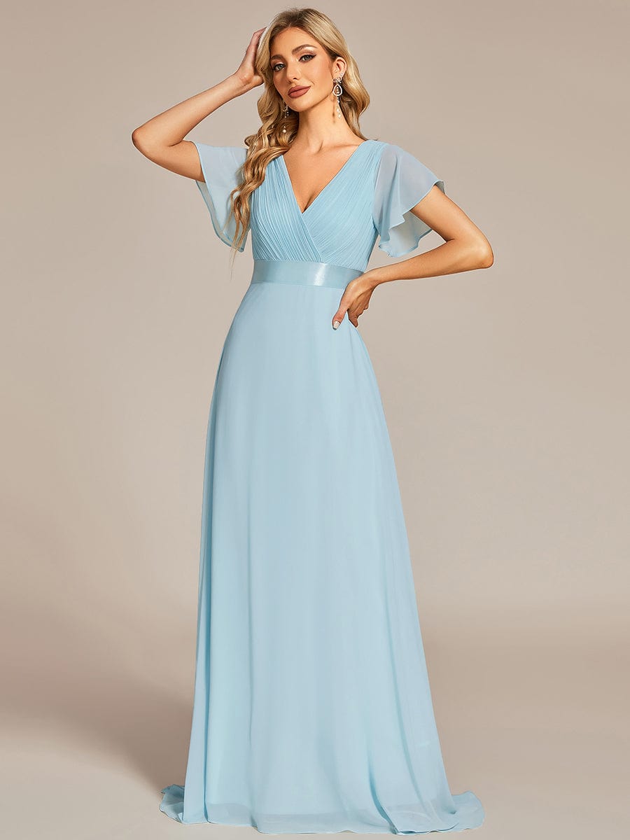 ever MONICA|Long Chiffon Empire Waist Bridesmaid Dress with Short Flutter Sleeves