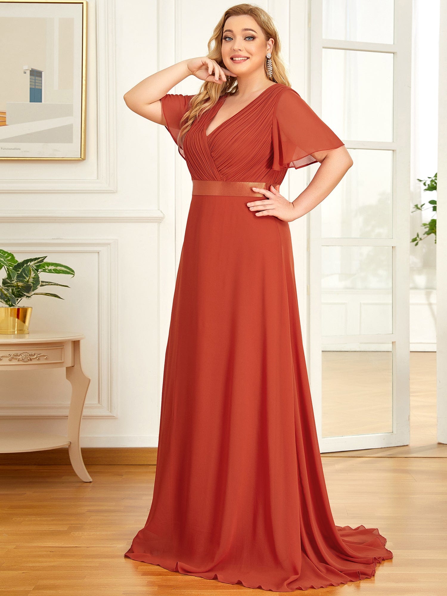 Custom Size Flutter Sleeves Chiffon Empire Waist Bridesmaid Dress #color_Burnt Orange