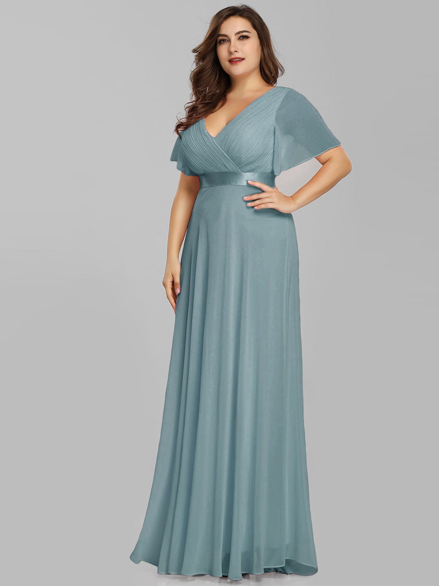 Custom Size Flutter Sleeves Chiffon Empire Waist Bridesmaid Dress #color_Light Teal