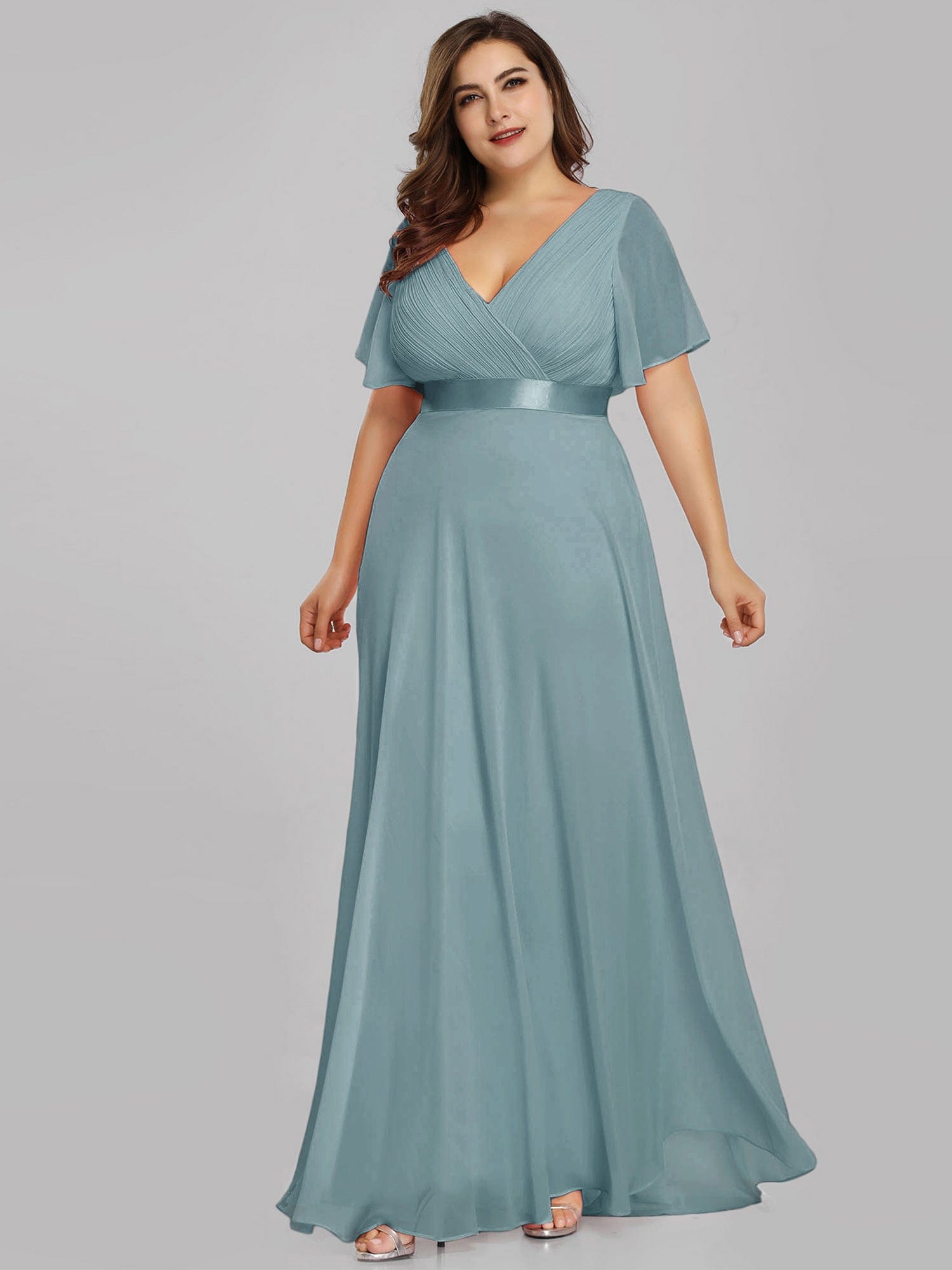 Custom Size Flutter Sleeves Chiffon Empire Waist Bridesmaid Dress #color_Light Teal