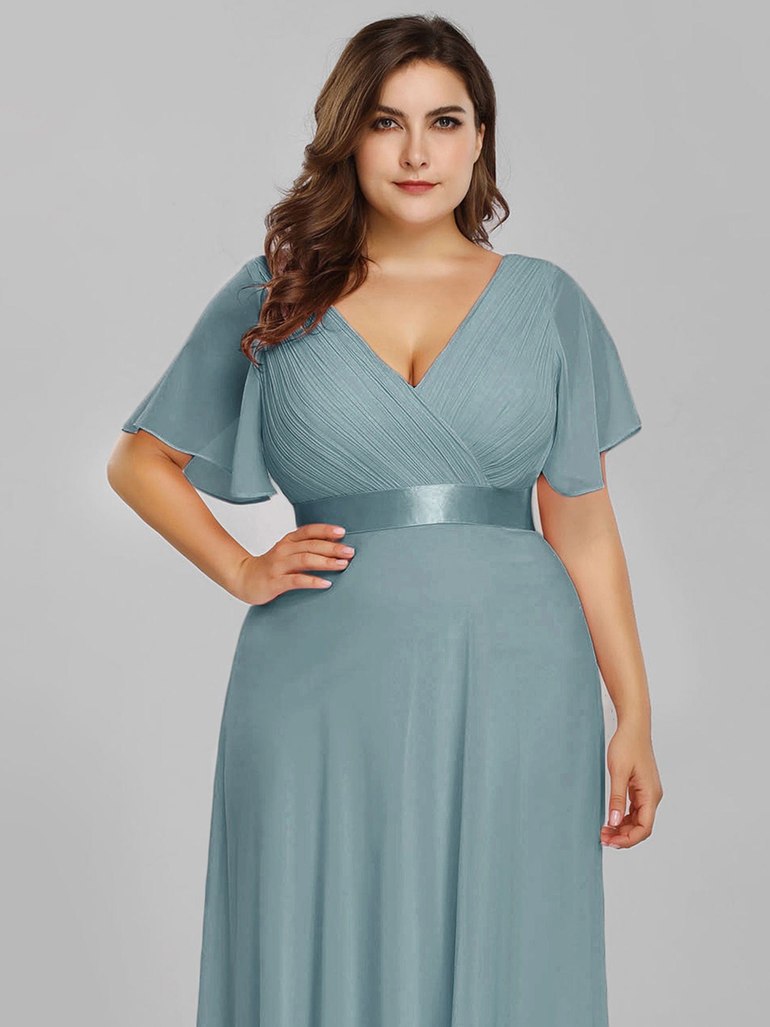 Custom Size Flutter Sleeves Chiffon Empire Waist Bridesmaid Dress #color_Light Teal