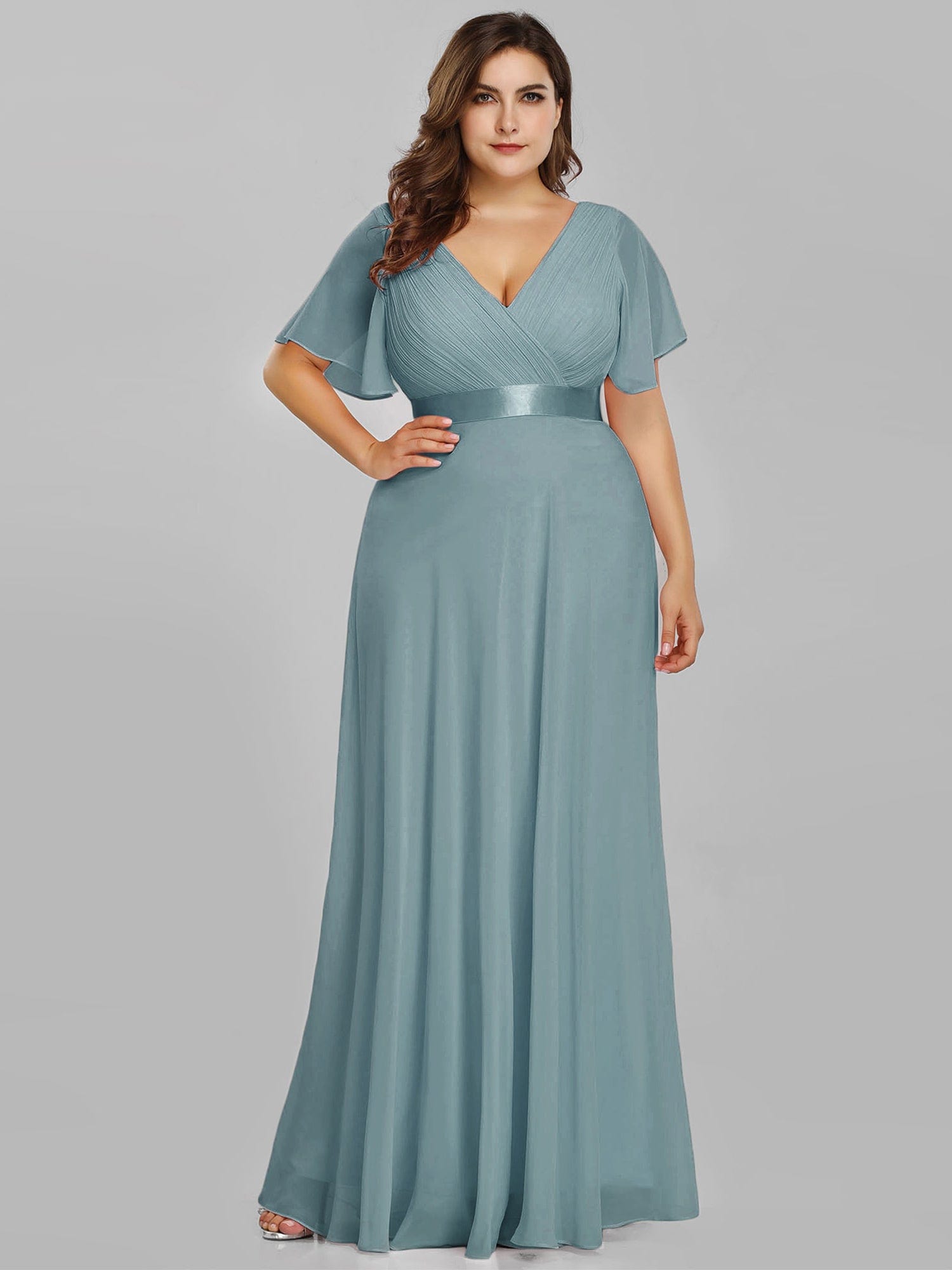 Custom Size Flutter Sleeves Chiffon Empire Waist Bridesmaid Dress #color_Light Teal