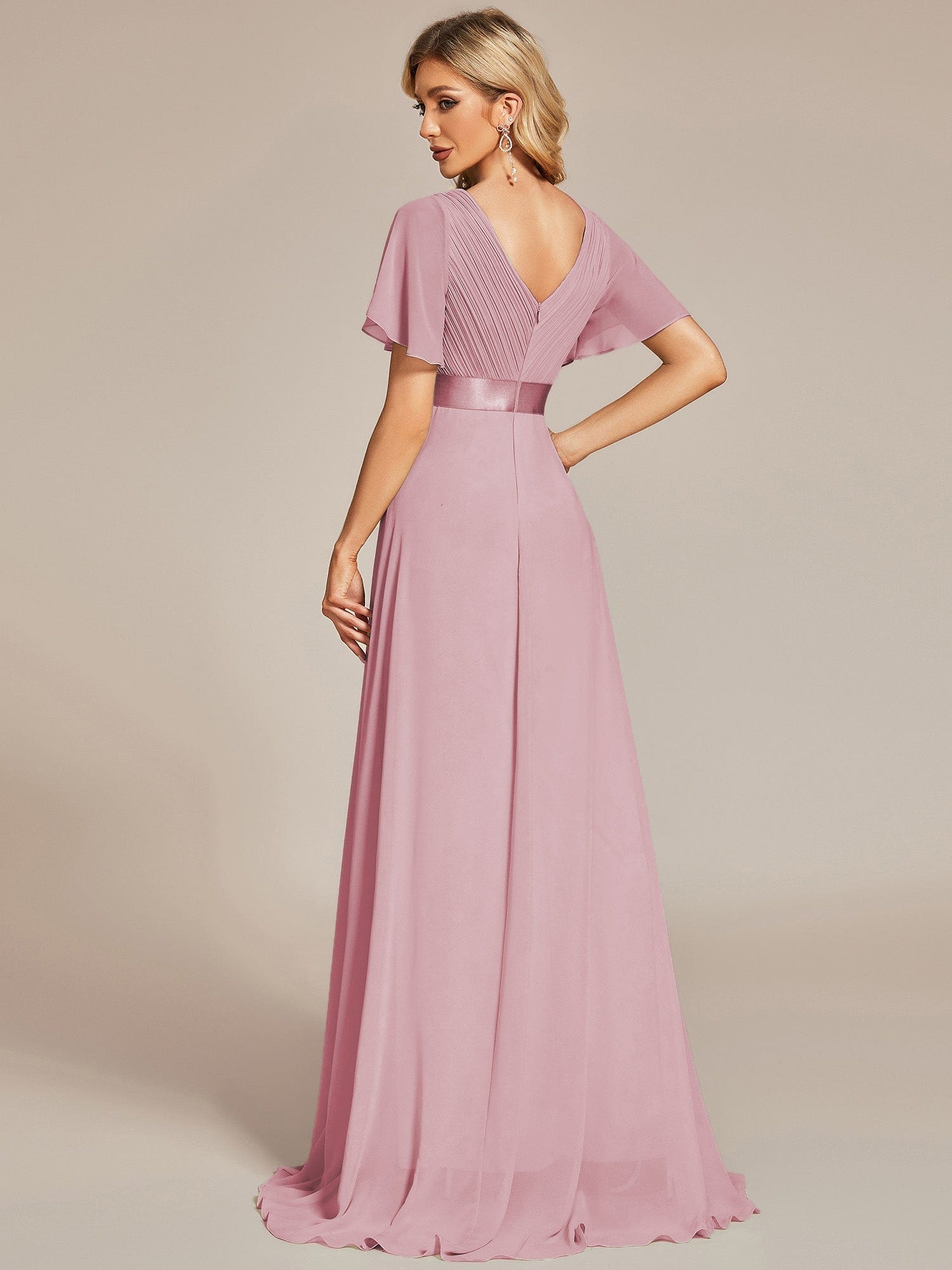 Custom Size V-neck Empire Waist Maxi Bridesmaid Dress with Short Sleeves #color_Dusty Rose