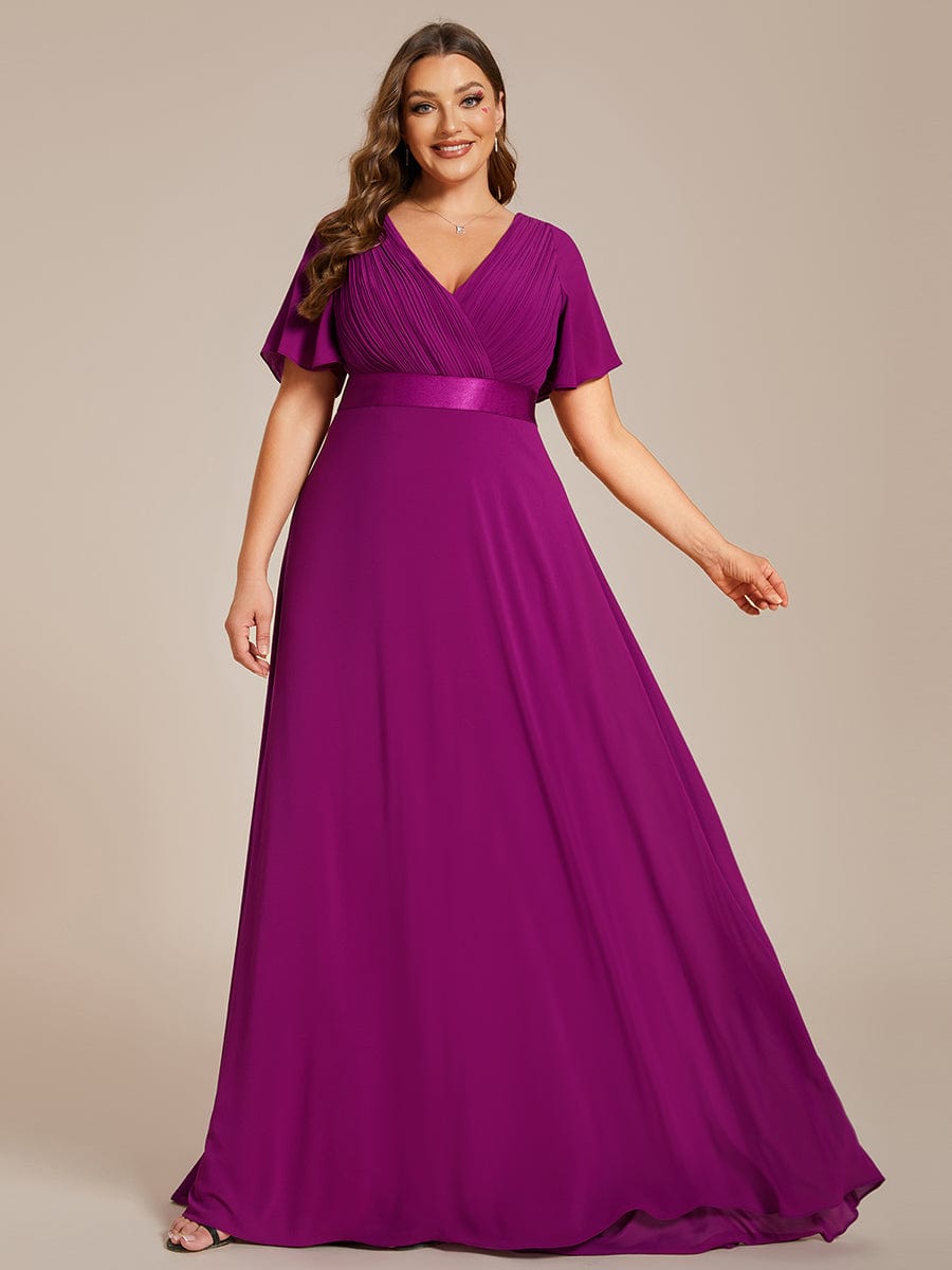 Plus Size Simple Empire Waist Flutter Sleeve Evening Dress #color_Fuchsia