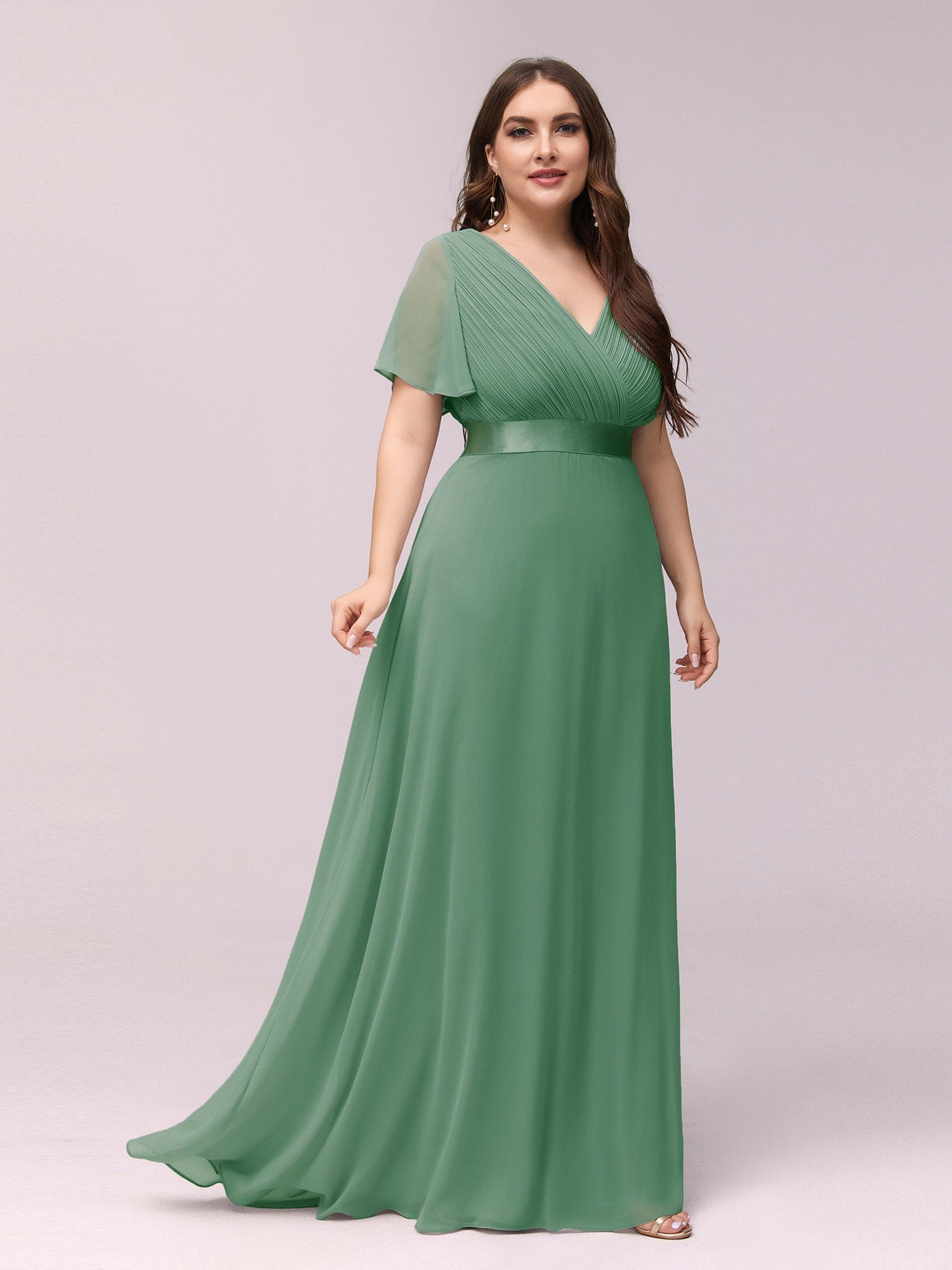 Custom Size Flutter Sleeves Chiffon Empire Waist Bridesmaid Dress #color_Green Bean