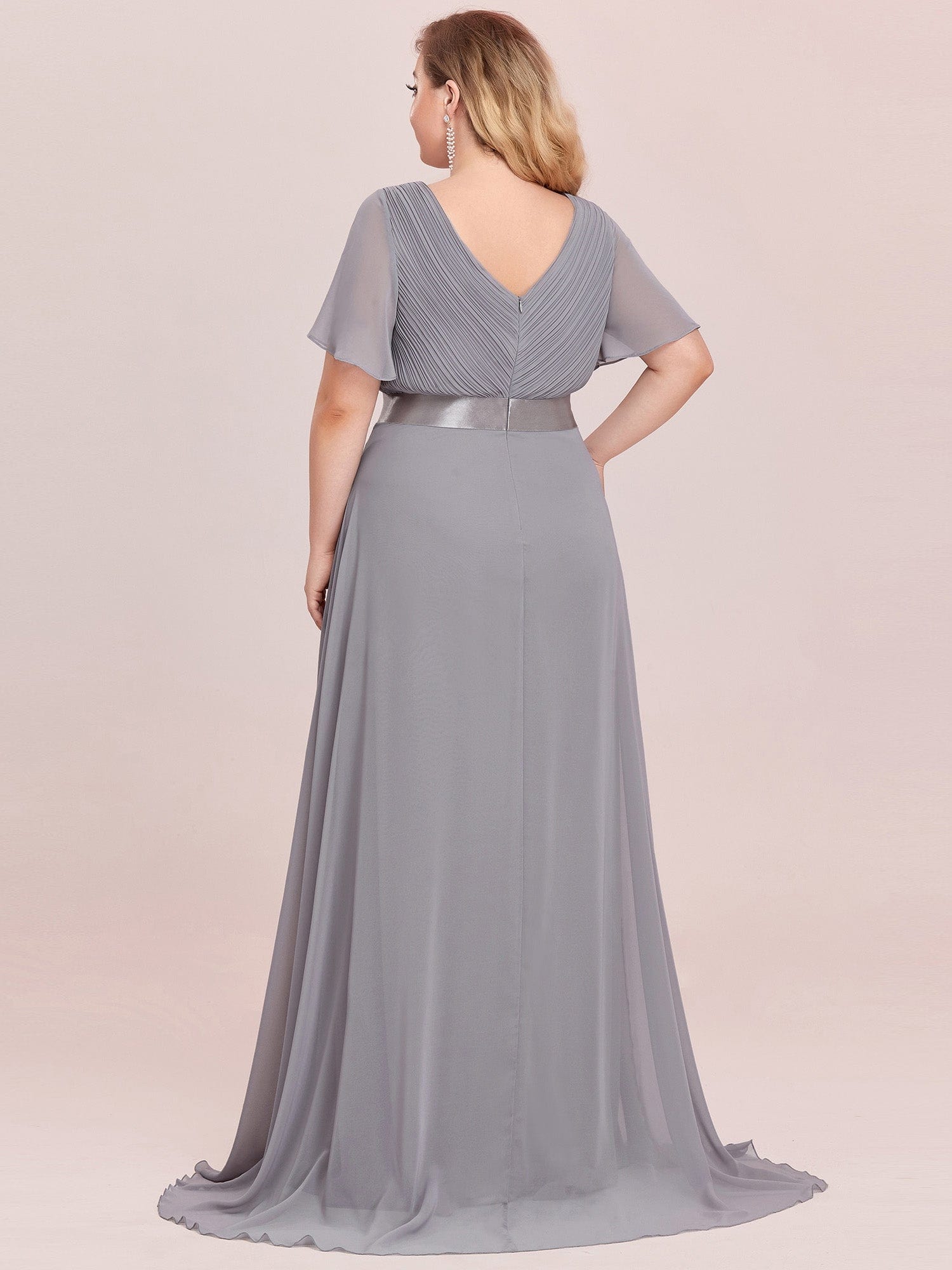 Custom Size Flutter Sleeves Chiffon Empire Waist Bridesmaid Dress #color_Grey