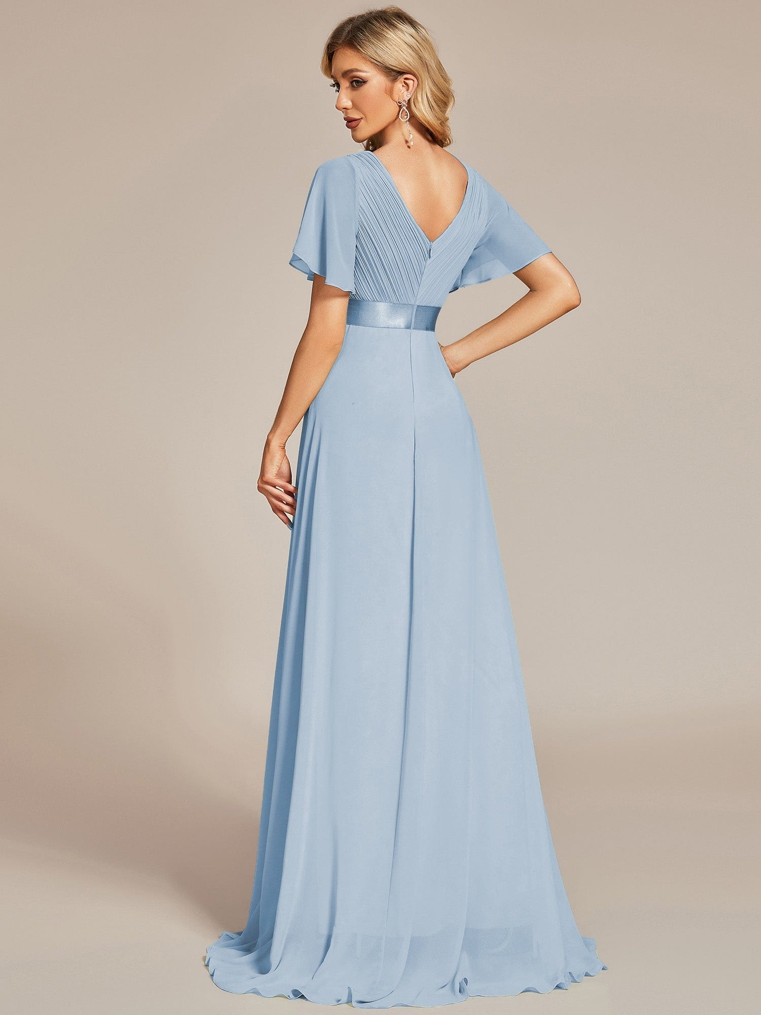 Custom Size V-neck Empire Waist Maxi Bridesmaid Dress with Short Sleeves #color_Ice Blue