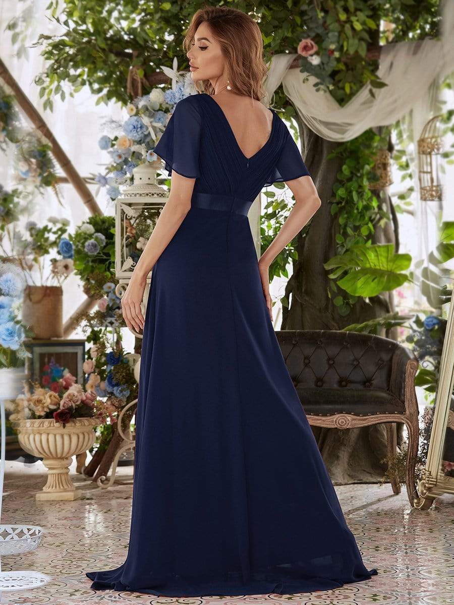 Long Chiffon Empire Waist Bridesmaid Dress with Short Flutter Sleeves #color_Navy Blue