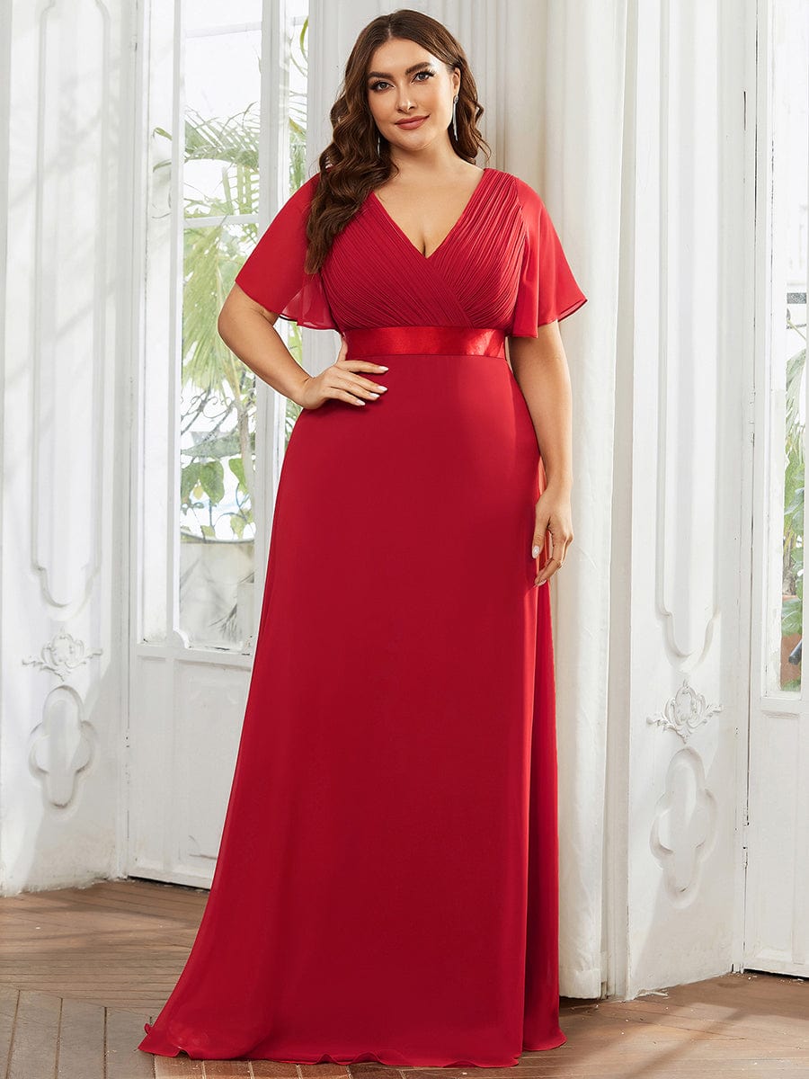 Plus Size Simple Empire Waist Flutter Sleeve Evening Dress #color_Red