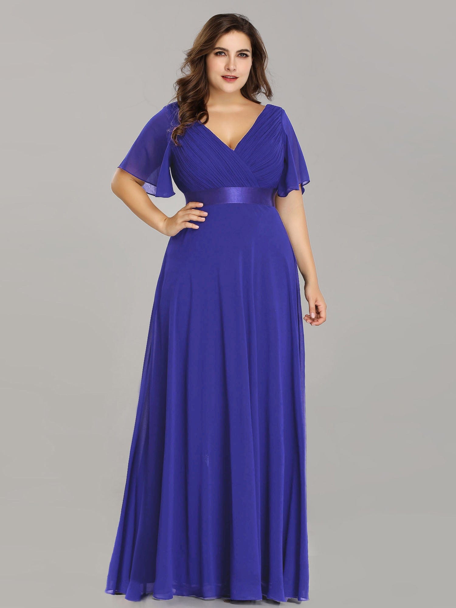 Custom Size Flutter Sleeves Chiffon Empire Waist Bridesmaid Dress #color_Sapphire Blue