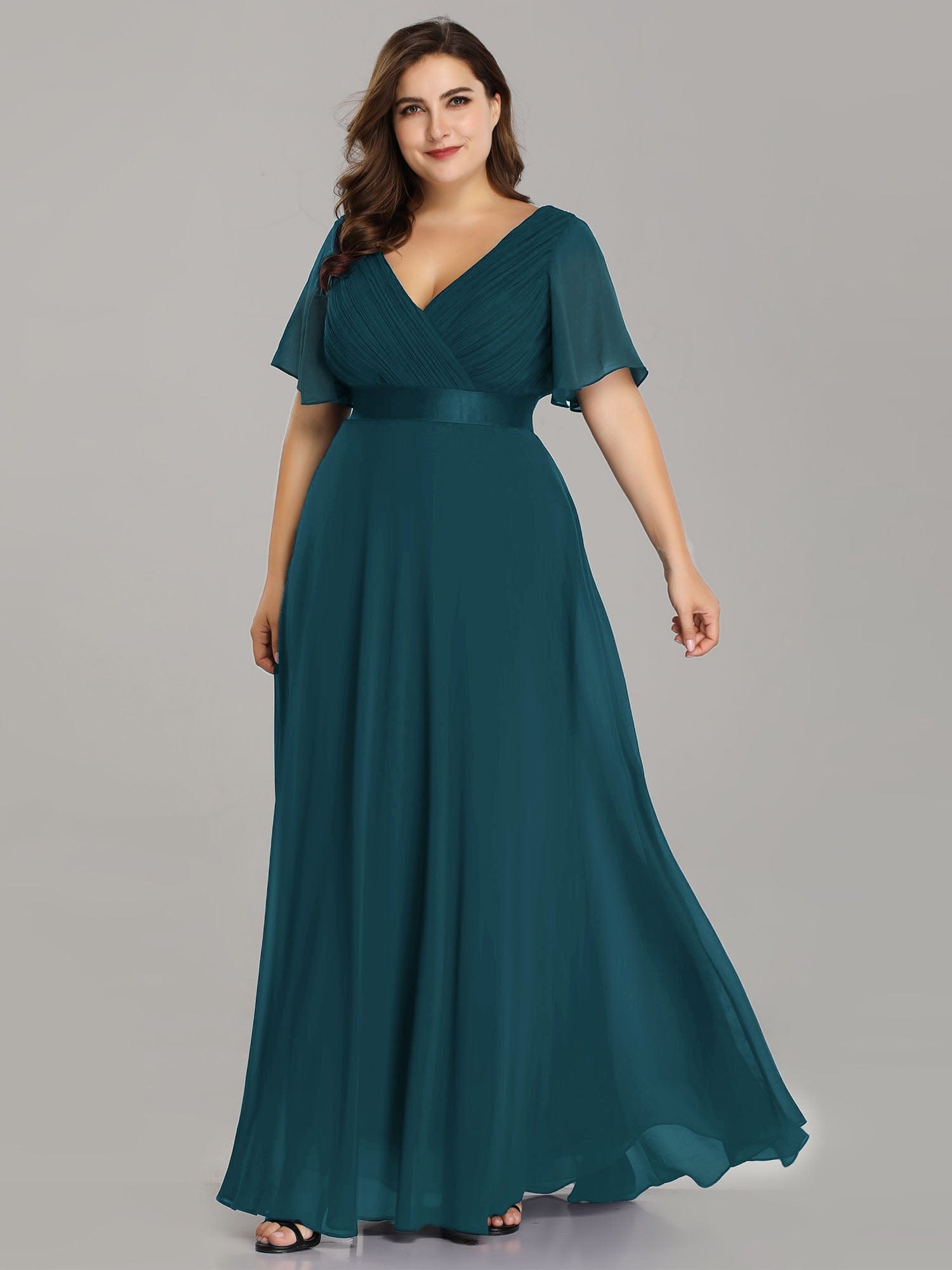 Custom Size Flutter Sleeves Chiffon Empire Waist Bridesmaid Dress #color_Teal