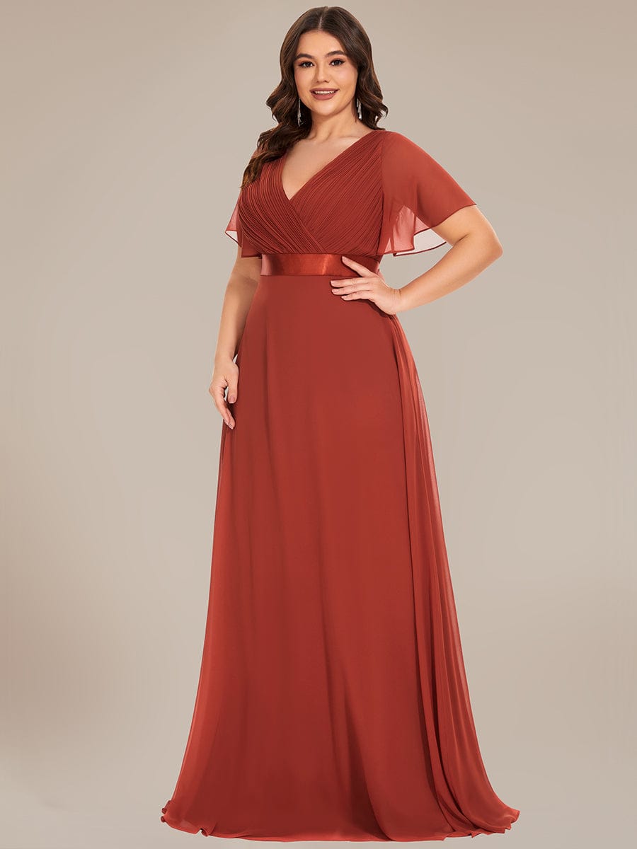 Plus Size Simple Empire Waist Flutter Sleeve Evening Dress #color_Vermilion