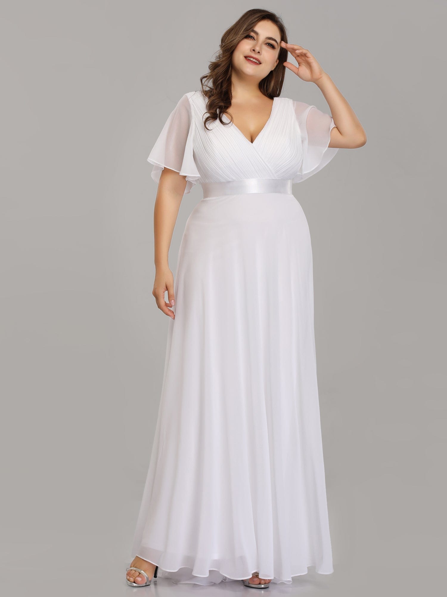 Custom Size Flutter Sleeves Chiffon Empire Waist Bridesmaid Dress #color_White