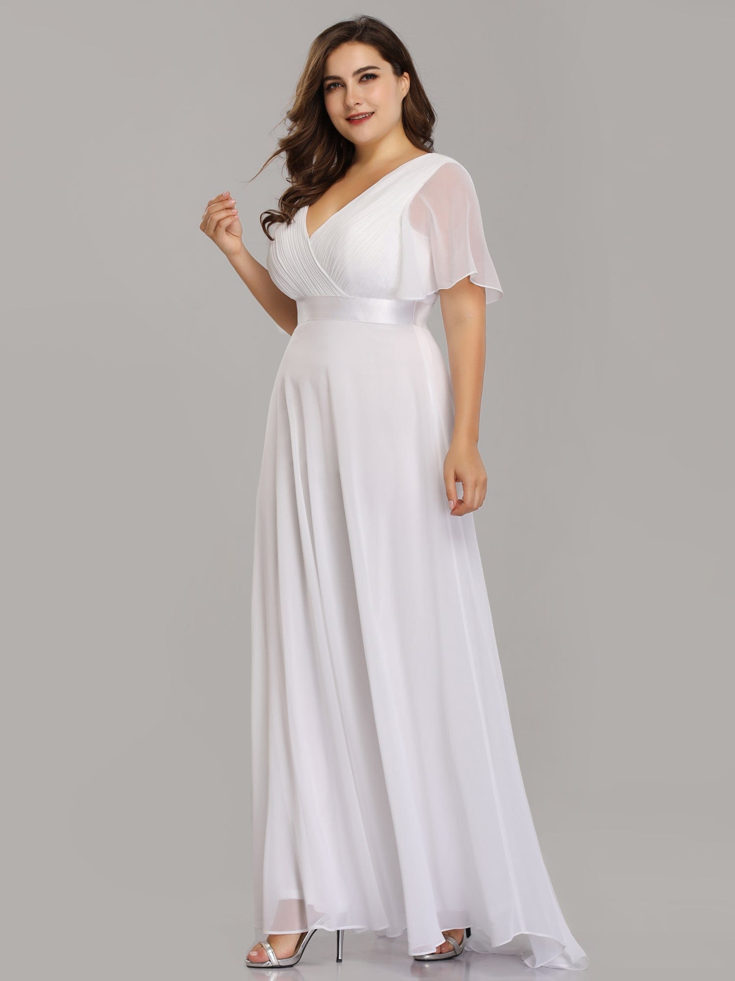 Custom Size Flutter Sleeves Chiffon Empire Waist Bridesmaid Dress #color_White