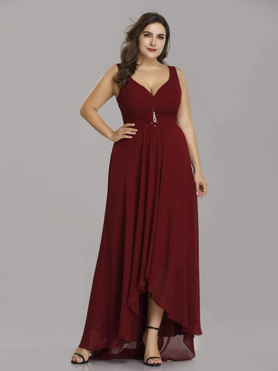 Plus Size Chiffon Formal V-Neck High-Low Cocktail Dress #color_Burgundy