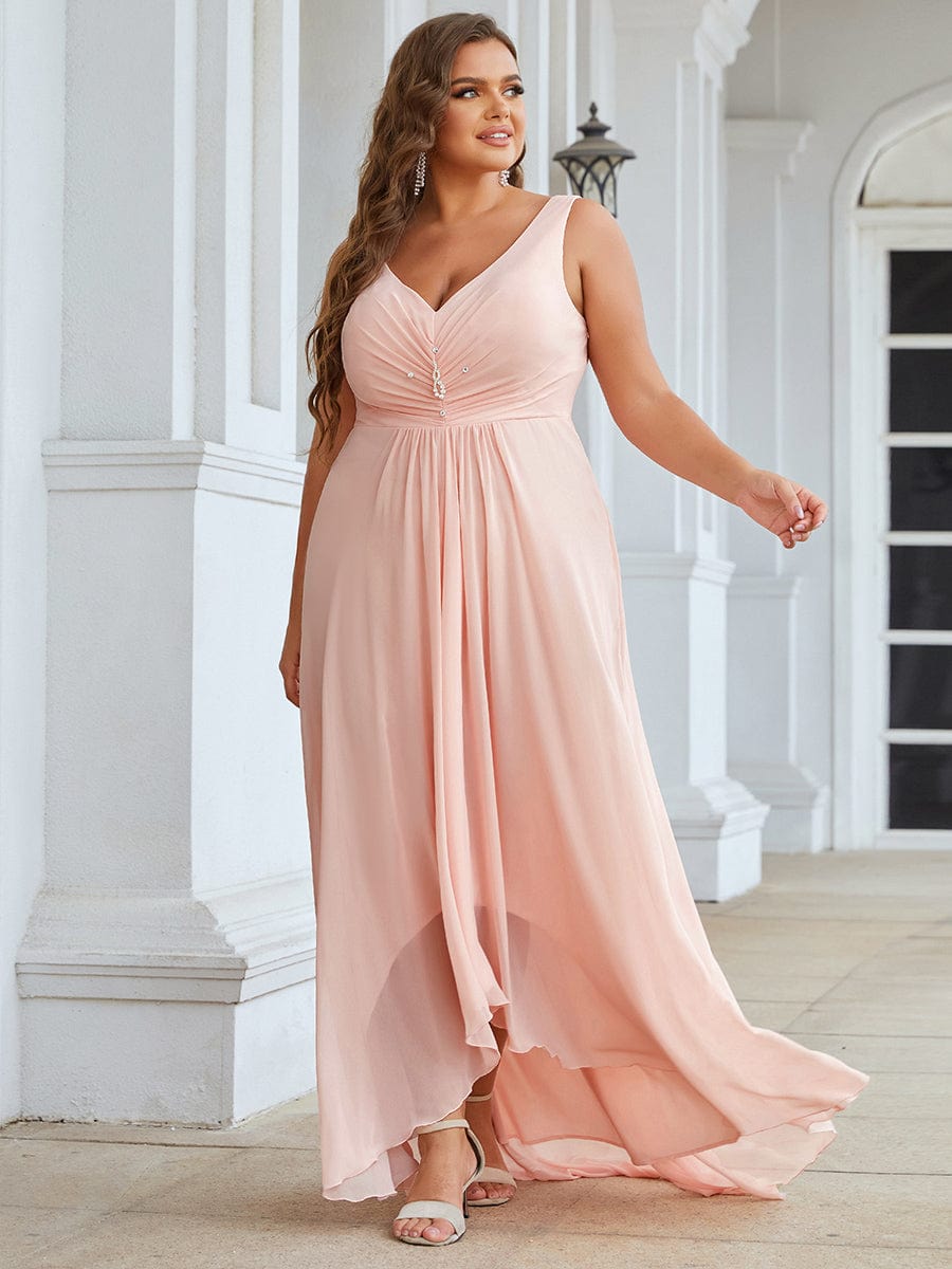 Plus Size Chiffon Formal V-Neck High-Low Cocktail Dress #color_Pink