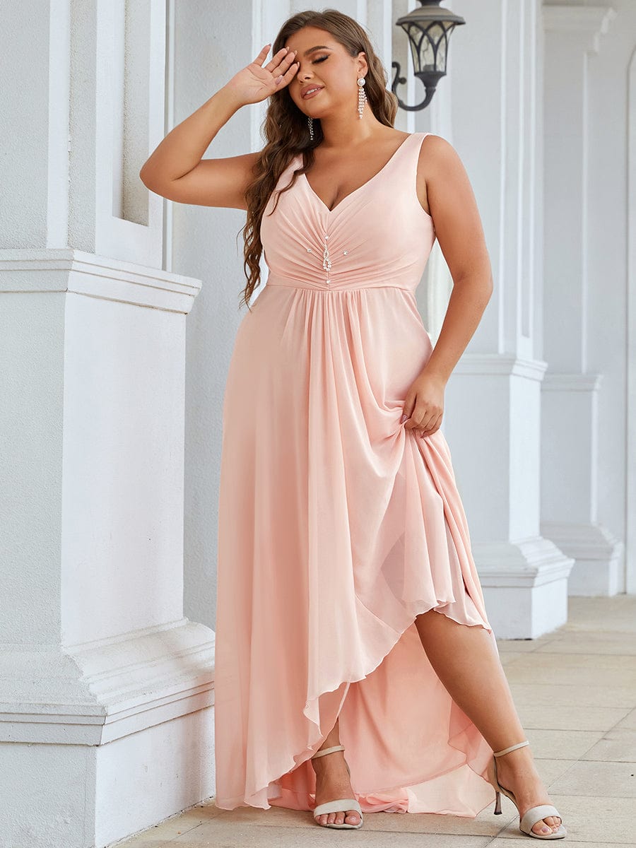 Custom Size V-Neck High-Low Chiffon Evening Party Dress #color_Pink