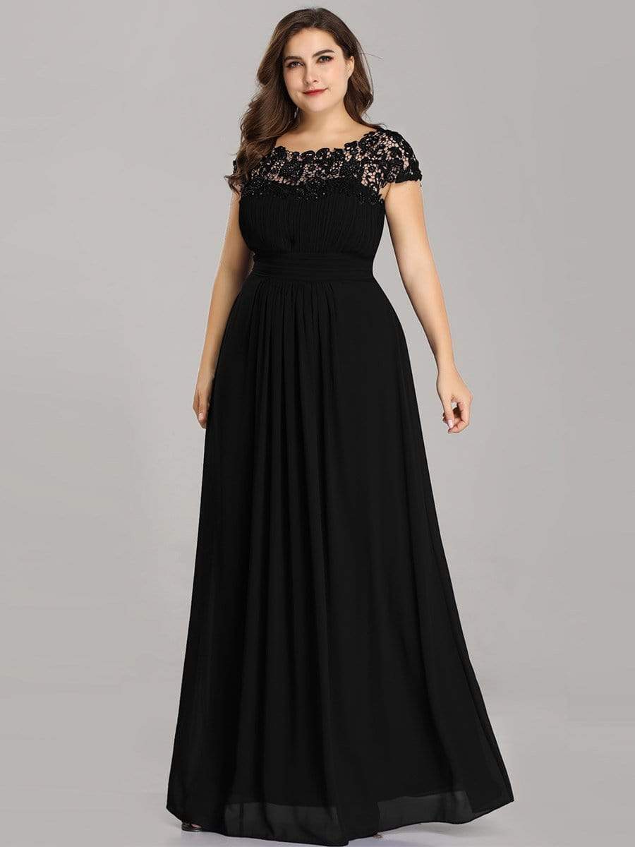 Elegant Maxi Long Lace Bridesmaid Dress with Cap Sleeve #color_Black 