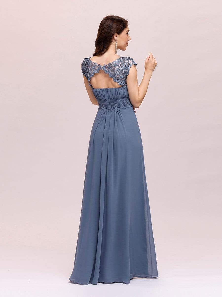 Elegant Maxi Long Lace Bridesmaid Dress with Cap Sleeve #color_Dusty Navy 
