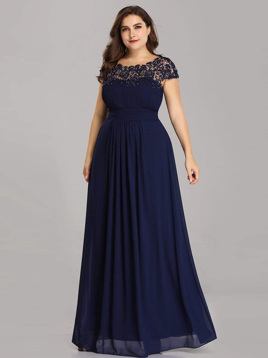 Elegant Maxi Long Lace Bridesmaid Dress with Cap Sleeve #color_Navy Blue 