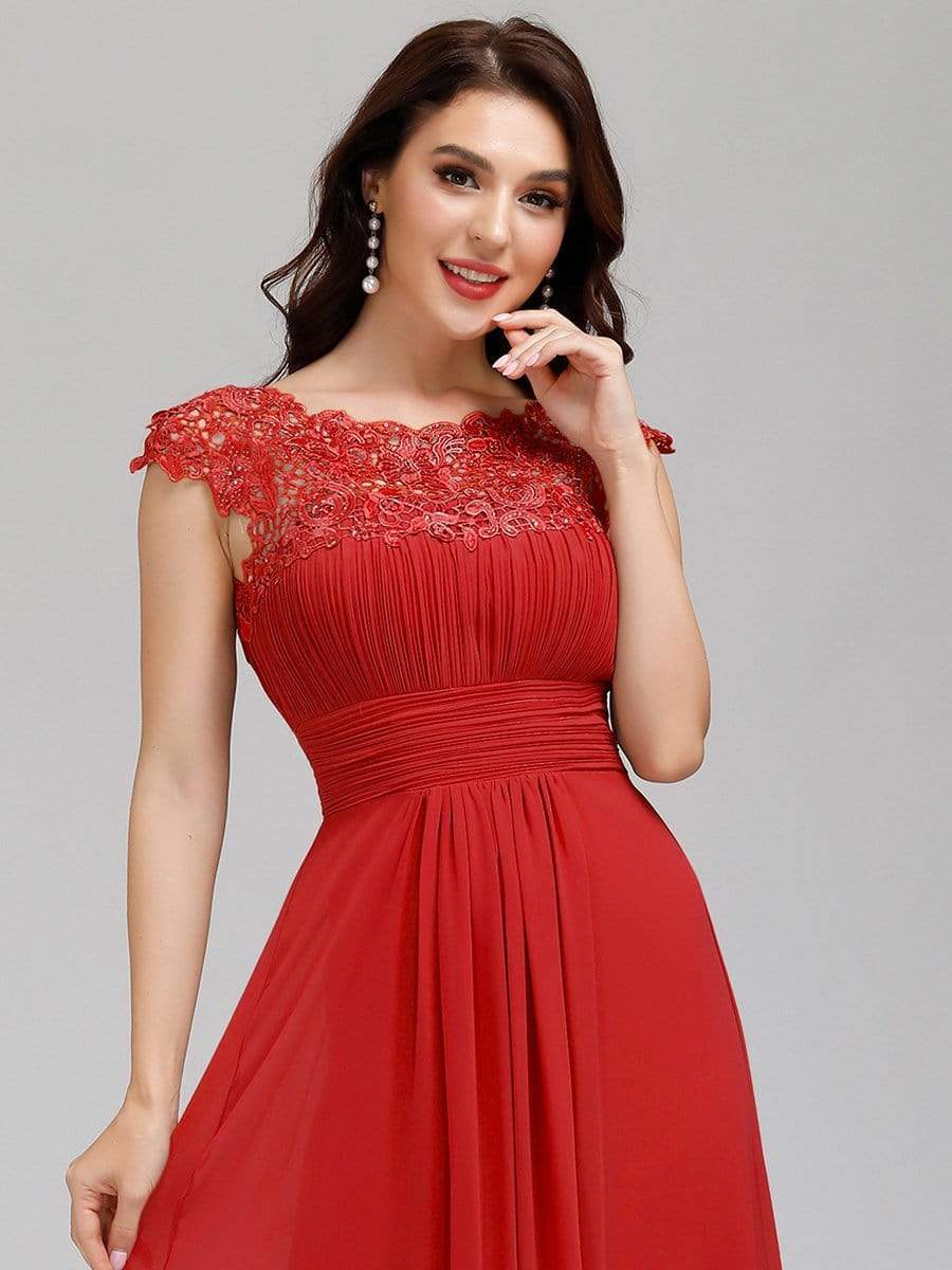 Elegant Maxi Long Lace Bridesmaid Dress with Cap Sleeve #color_Red 