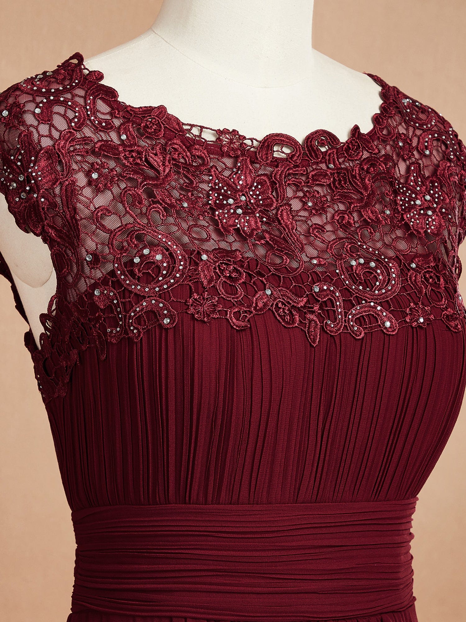 Maxi Lace Cap Sleeve Long Formal Evening Dress #color_Burgundy 