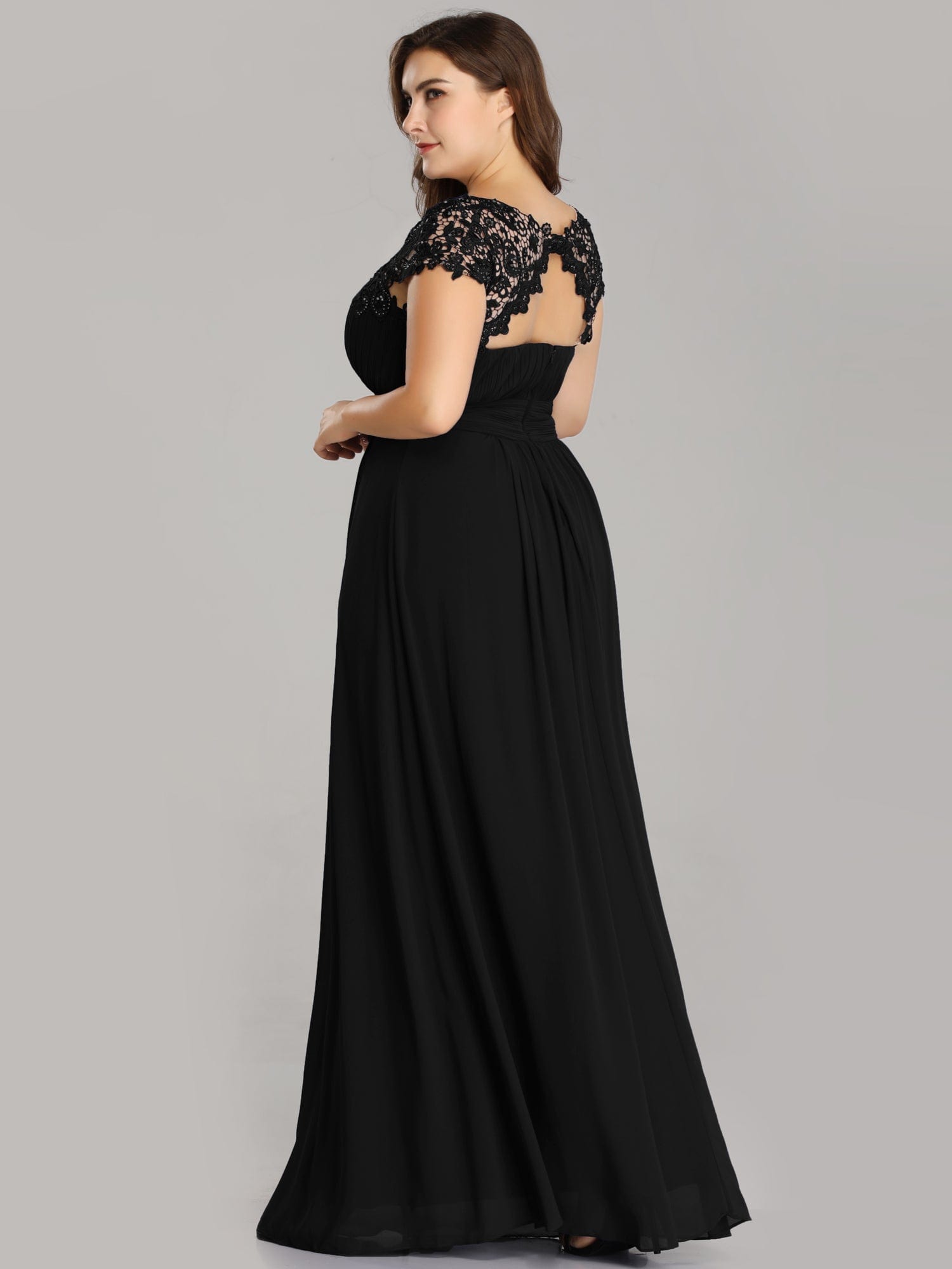 Maxi Lace Cap Sleeve Long Formal Evening Dress #color_Black 