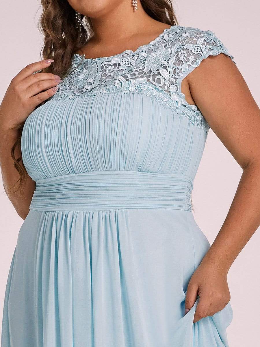 Plus Size Elegant Maxi Long Lace Cap Sleeve Bridesmaid Dress #color_Sky Blue 