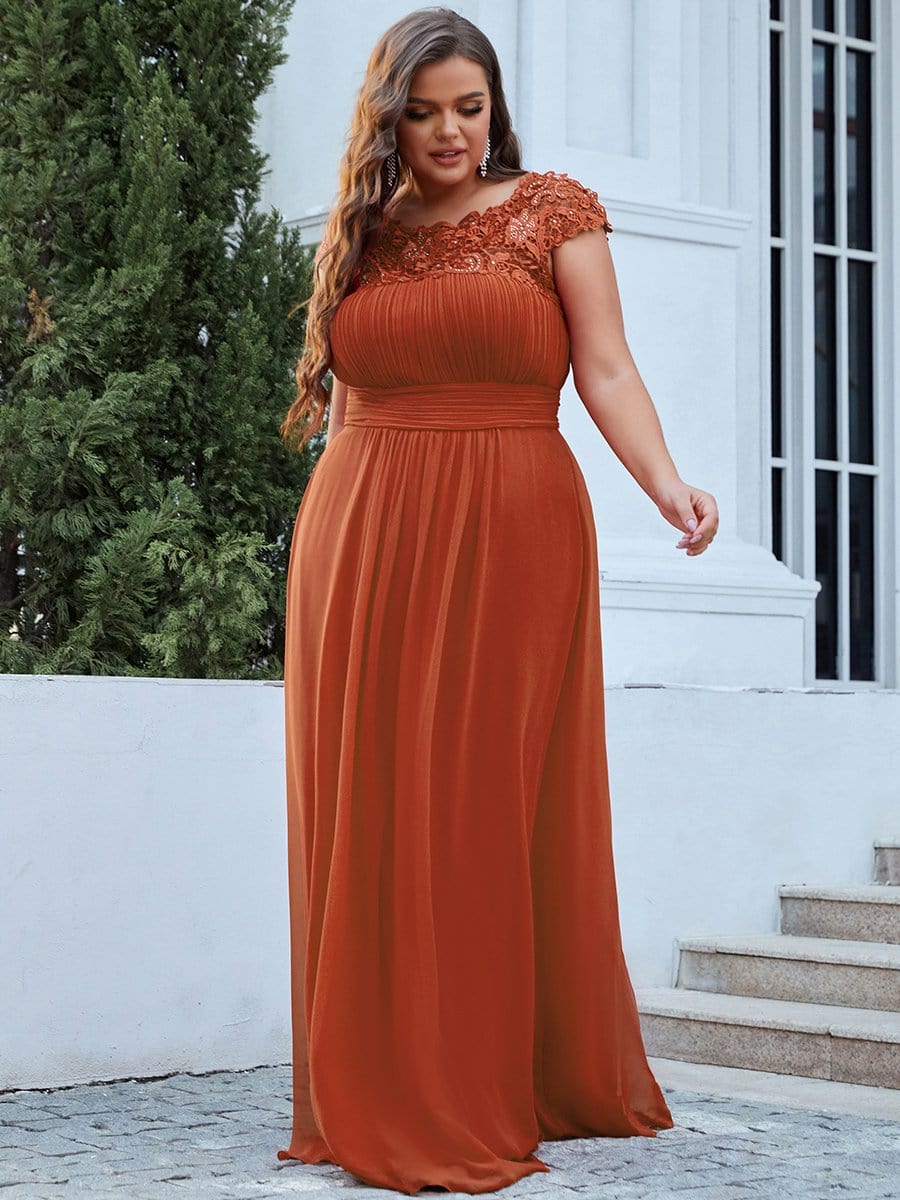 Plus Size Elegant Maxi Long Lace Cap Sleeve Bridesmaid Dress #color_Burnt Orange 