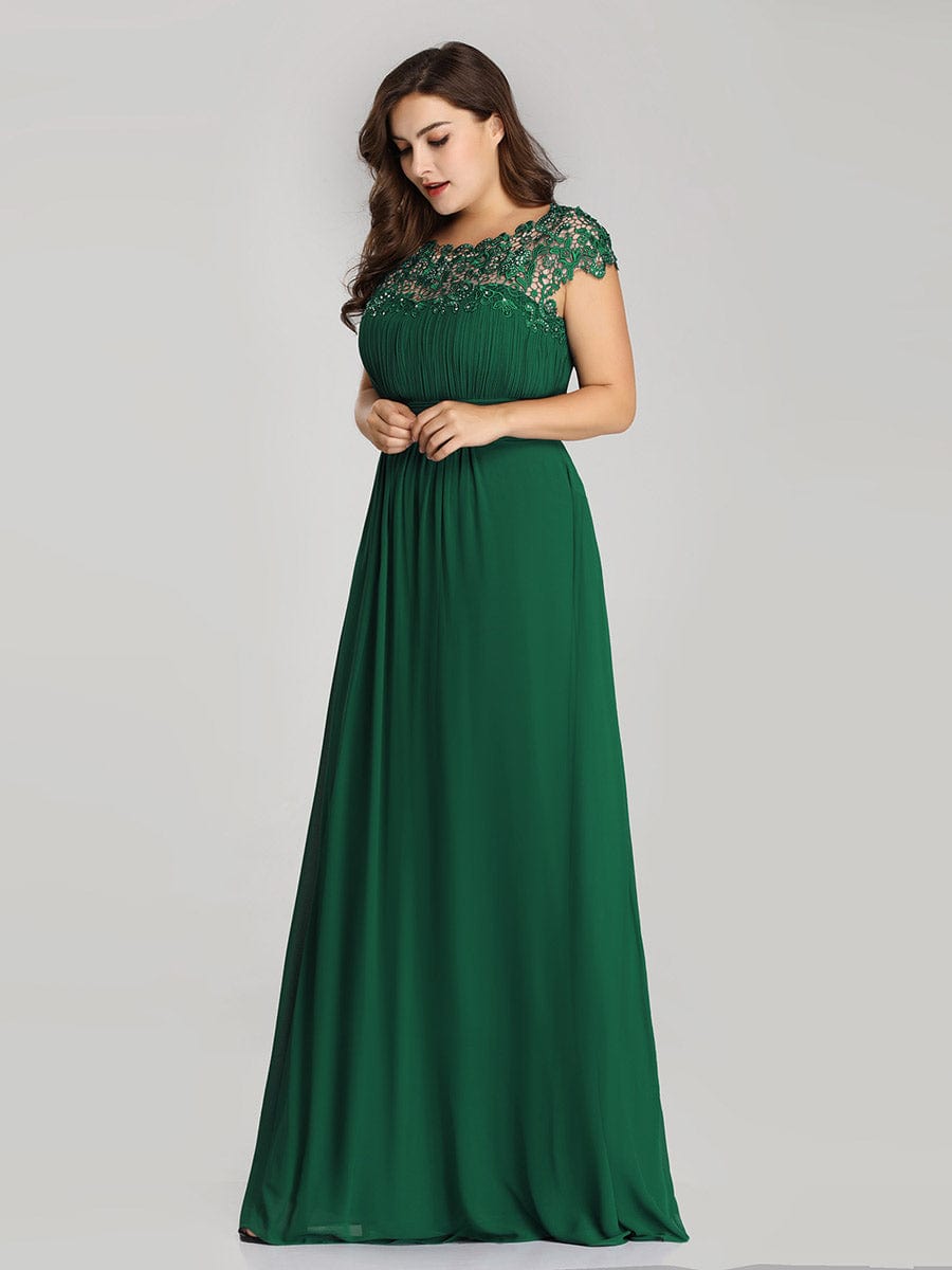 Plus Size Elegant Maxi Long Lace Cap Sleeve Bridesmaid Dress #color_Dark Green