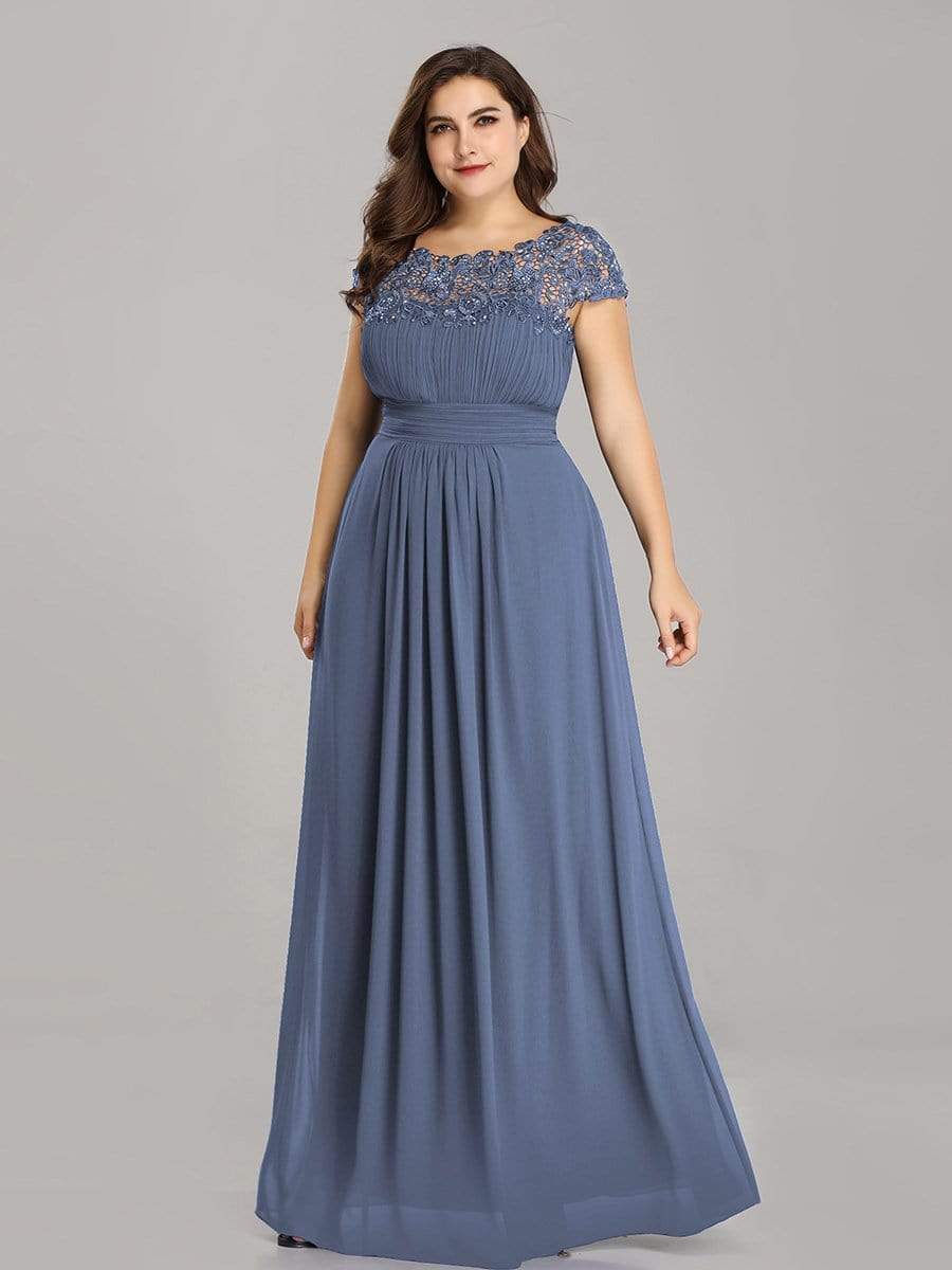 Plus Size Elegant Maxi Long Lace Cap Sleeve Bridesmaid Dress #color_Dusty Blue 