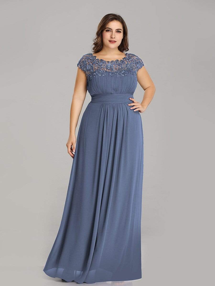 Plus Size Elegant Maxi Long Lace Cap Sleeve Bridesmaid Dress #color_Dusty Blue 