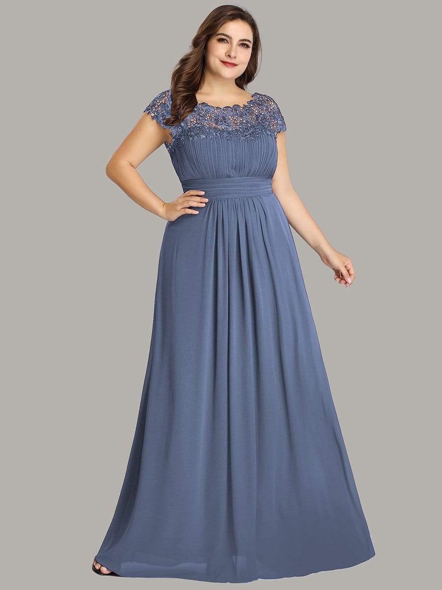 Plus Size Elegant Maxi Long Lace Cap Sleeve Bridesmaid Dress #color_Dusty Blue 