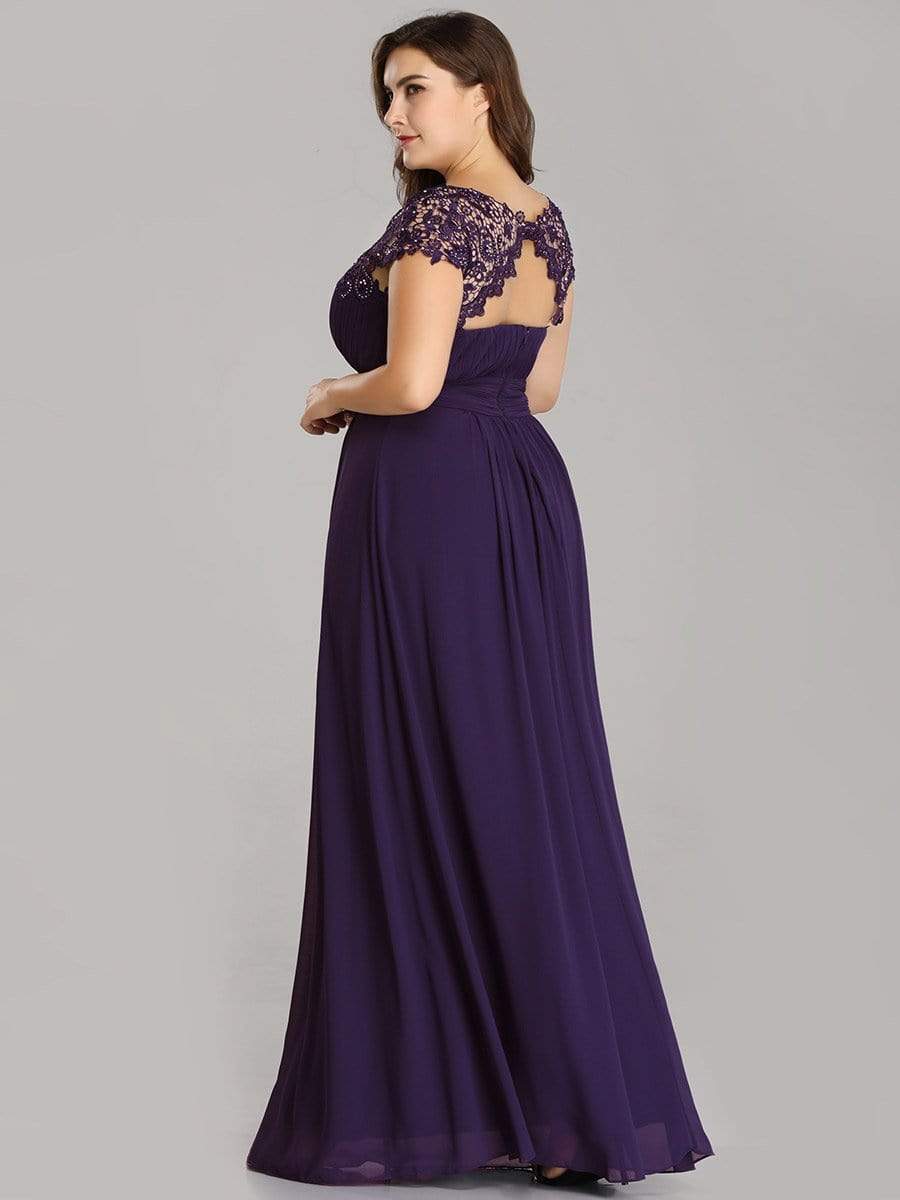 Plus Size Elegant Maxi Long Lace Cap Sleeve Bridesmaid Dress #color_Dark Purple 