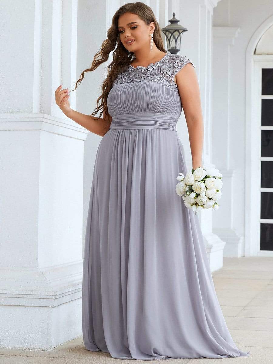 Plus Size Elegant Maxi Long Lace Cap Sleeve Bridesmaid Dress #color_Grey 