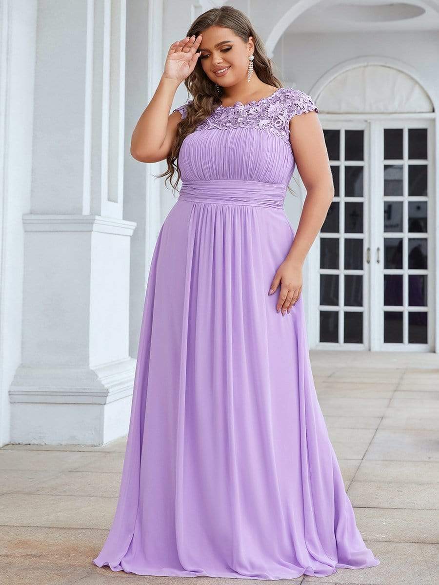 Plus Size Elegant Maxi Long Lace Cap Sleeve Bridesmaid Dress #color_Lavender 