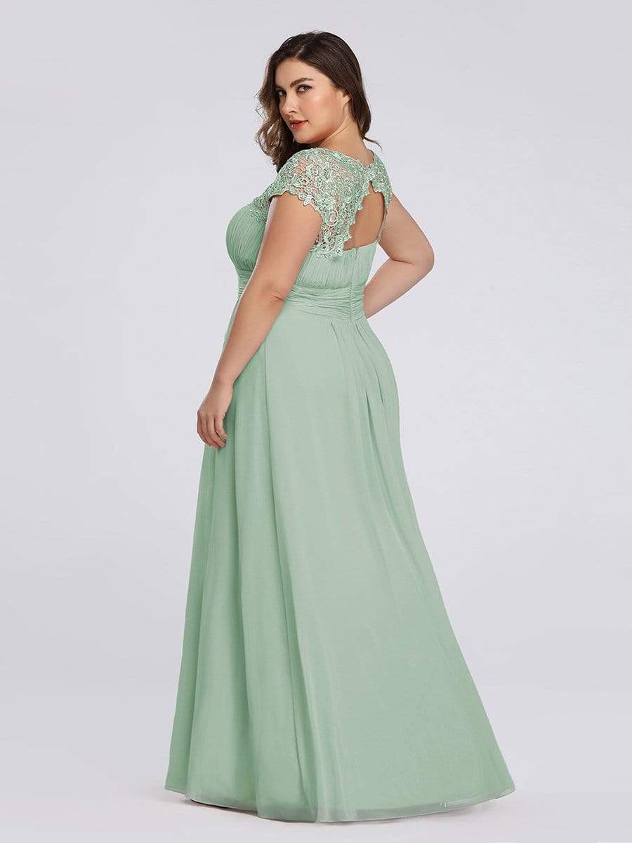 Plus Size Elegant Maxi Long Lace Cap Sleeve Bridesmaid Dress #color_Mint Green 