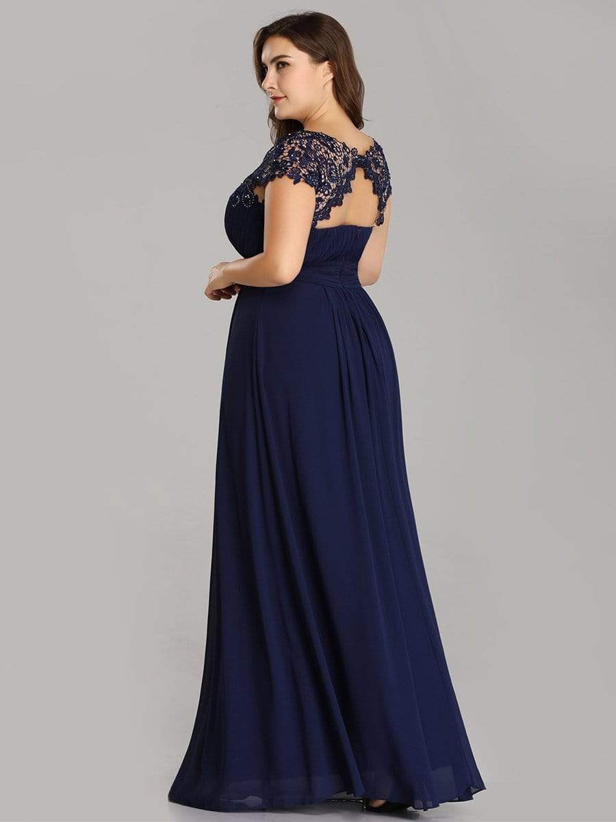 Plus Size Elegant Maxi Long Lace Cap Sleeve Bridesmaid Dress #color_Navy Blue 