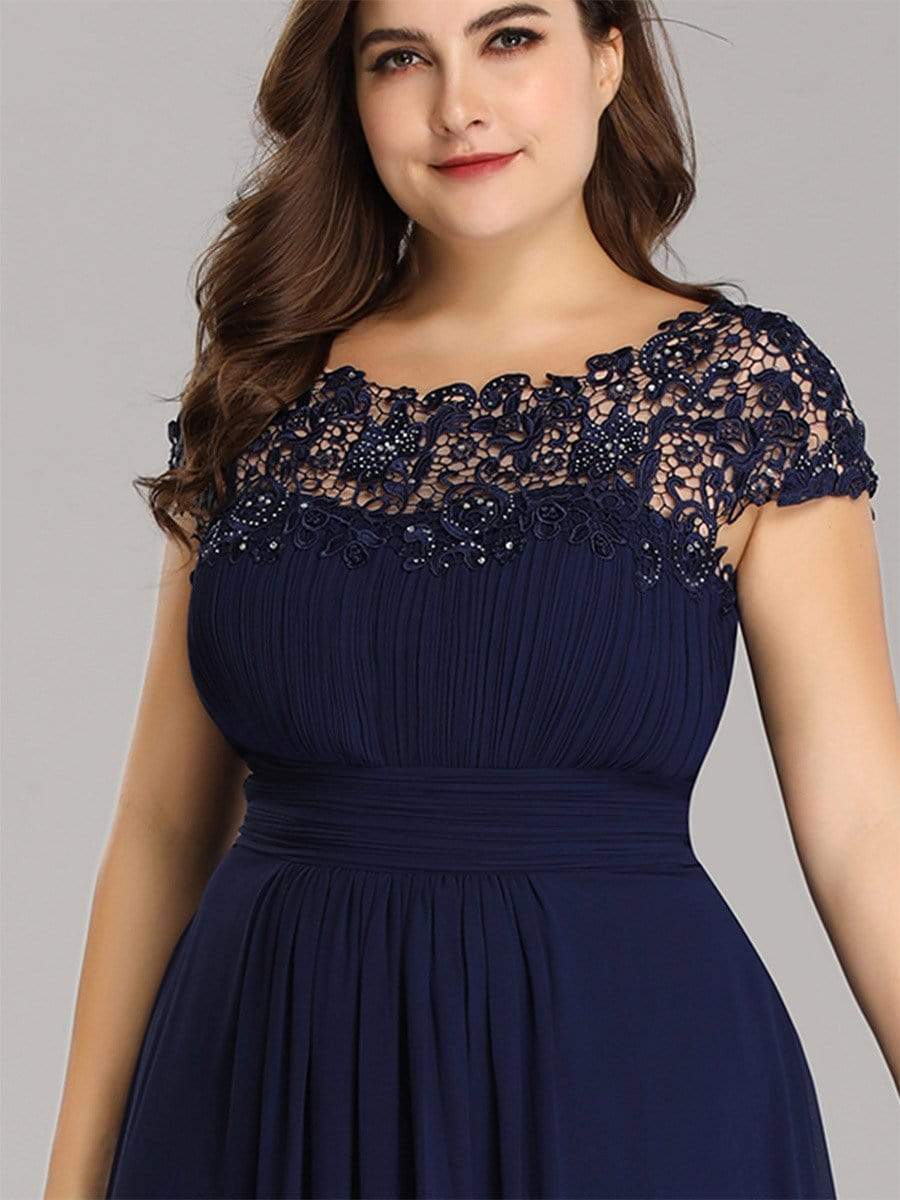 Plus Size Elegant Maxi Long Lace Cap Sleeve Bridesmaid Dress #color_Navy Blue 