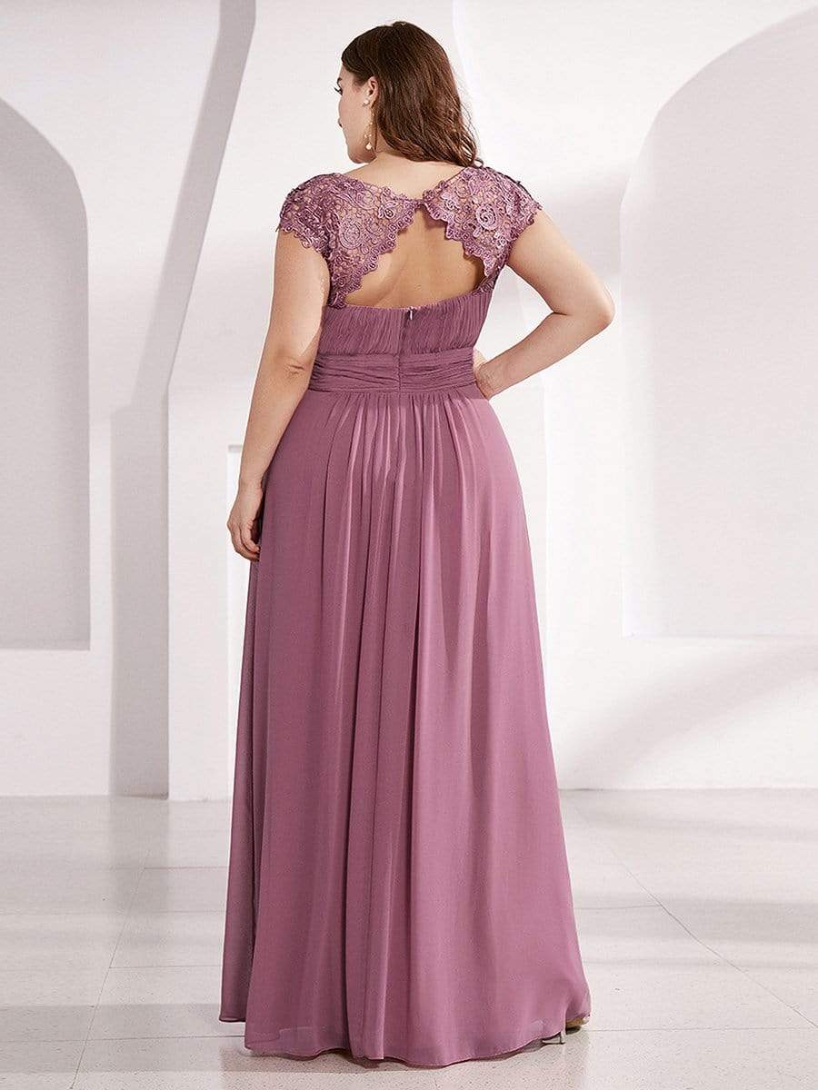 Plus Size Elegant Maxi Long Lace Cap Sleeve Bridesmaid Dress #color_Purple Orchid 