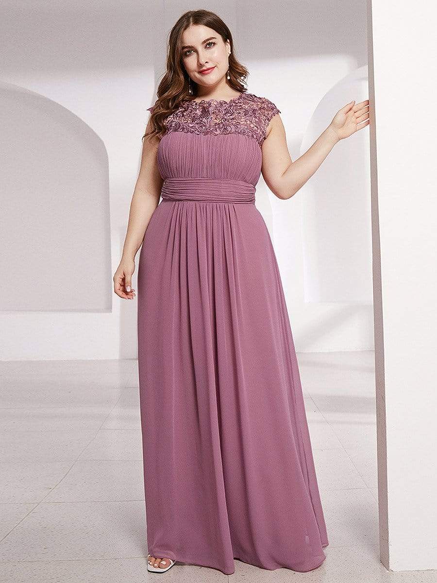 Plus Size Elegant Maxi Long Lace Cap Sleeve Bridesmaid Dress #color_Purple Orchid 