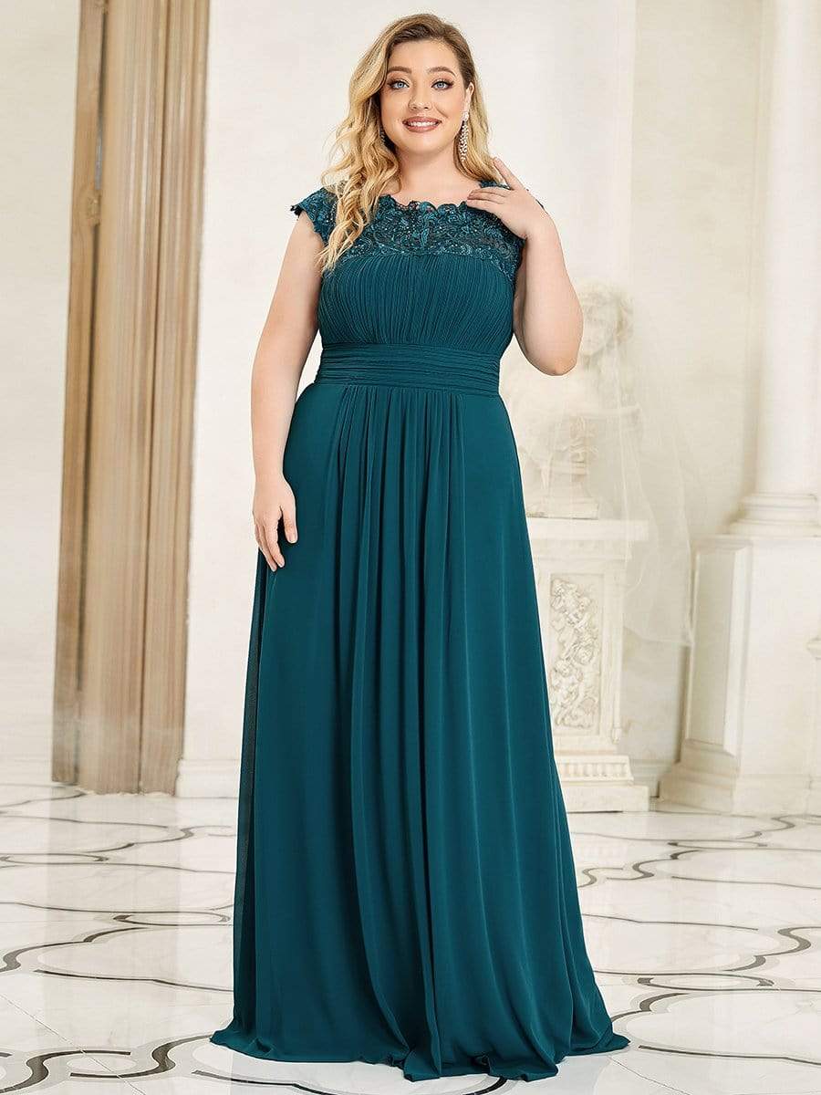 Plus Size Elegant Maxi Long Lace Cap Sleeve Bridesmaid Dress #color_Teal 