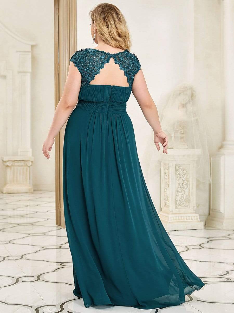 Plus Size Elegant Maxi Long Lace Cap Sleeve Bridesmaid Dress #color_Teal 