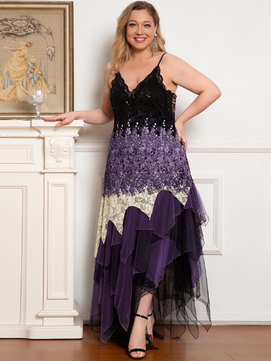 Plus Size V Neck Asymmetrical Hems Prom Dresses #color_Dark Purple