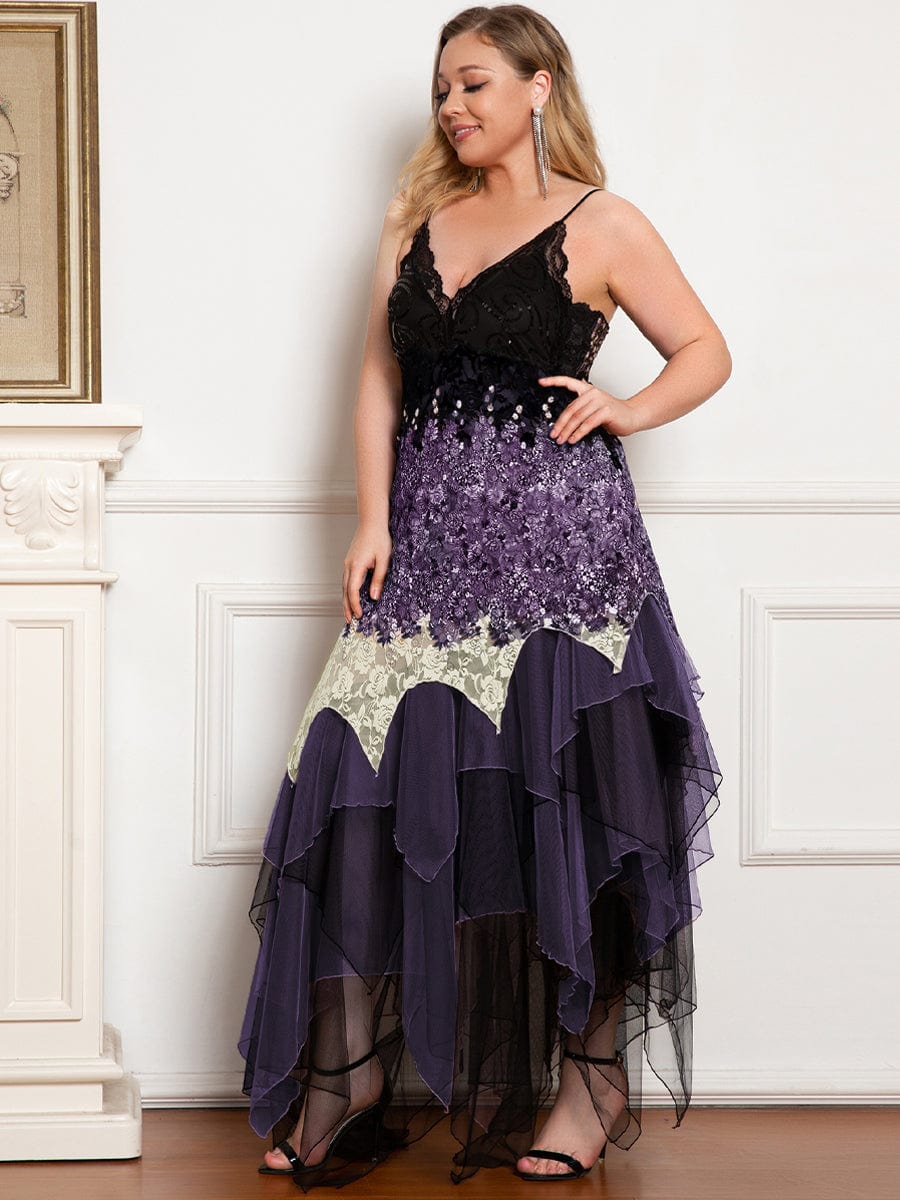 Plus Size V Neck Asymmetrical Hems Prom Dresses #color_Dark Purple