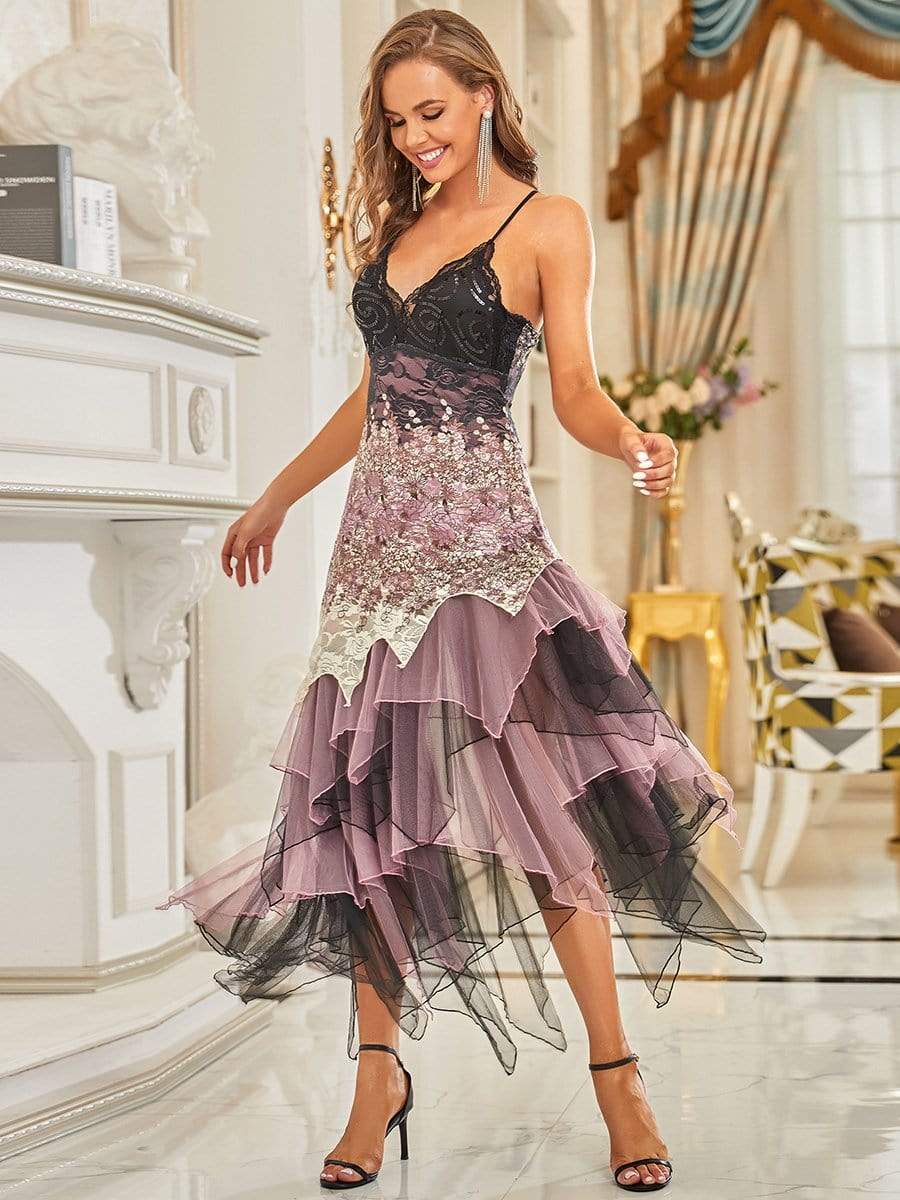 Women's V Neck Multi Color Asymmetrical Hems Prom Dress #color_Purple Orchid 
