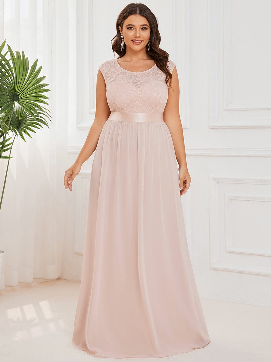 Plus Size Classic Round Neck V Back A-Line Chiffon Bridesmaid Dresses with Lace #color_Blush